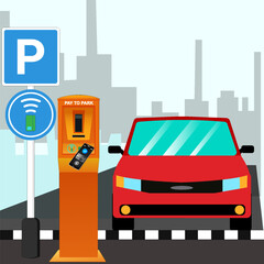 Parking meters.Parking lot with authorized parking machine.Self service parking pay.Wireless, contactless or cashless payments, rfid nfc.