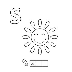 Cartoon sun coloring pages. Learning game for small children - write a word in English language. Vector alphabet for kids
