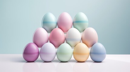  a row of pastel colored eggs on a white surface with a blue background and a light blue wall in the background.