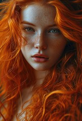 close-up studio fashion portrait of a face of a young redhead woman with perfect skin, red hair and immaculate make-up. Skin beauty and hormonal female health concept