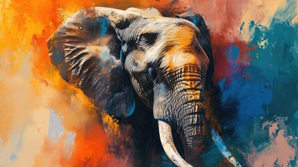 Portrait face of an elephant with colorful paint.
