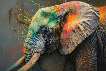 Portrait face of an elephant with colorful paint.