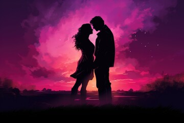 Silhouette of a couple sharing a kiss against a colourful sunset