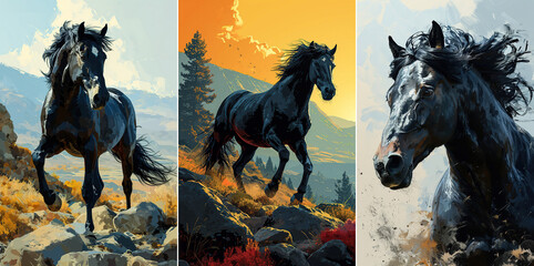 Striking full body poses of of a horse in colorful background settings