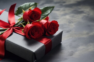 gift box with roses confetti. Abstract luxury red background.