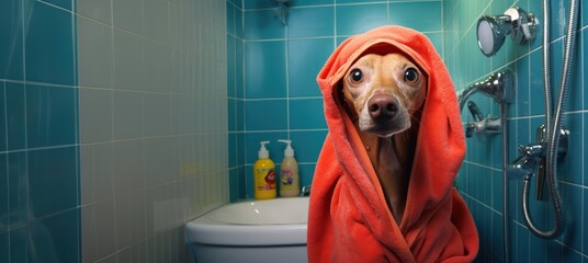 Un drôle de chien dans une salle de bain avec une serviette sur la tête, image avec espace pour...