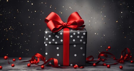 Fête de la Saint-Valentin, un paquet cadeau entouré de cœurs rouges, dans le style gris foncé et noir foncé, des points ressemblant à des confettis - obrazy, fototapety, plakaty