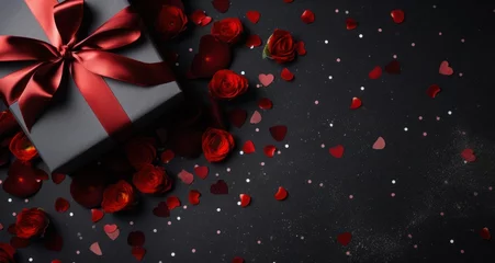 Fotobehang Fête de la Saint-Valentin, boîte cadeau avec nœud rouge et confettis à motifs de cœurs, dans le style gris foncé et noir, toile de fond © David Giraud