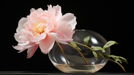  a pink flower sitting inside of a glass vase on a black surface with a green leafy stem sticking out of it.