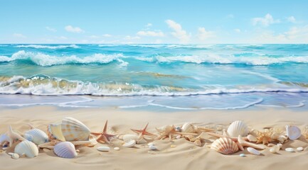 Fototapeta na wymiar Divers coquillages et étoiles de mer sur une plage, arrière-plan de paysage de vacances