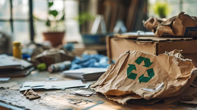 A pile of assorted paper and cardboard materials marked with the universal recycling symbol, set against a neutral background to promote environmental conservation and sustainable practices.