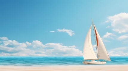 An empty white sailboat with yellow, blue and green pattern sails looks outstanding moored on the sandy beach against the background of the sea, island and blue clear open sky on a sunny summer day. 
