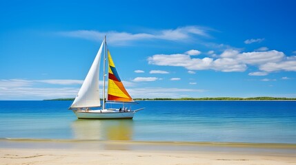 An empty white sailboat with yellow, blue and green pattern sails looks outstanding moored on the sandy beach against the background of the sea, island and blue clear open sky on a sunny summer day. 
