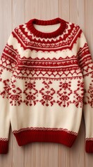 Red and White Sweater Hanging on a Wooden Wall