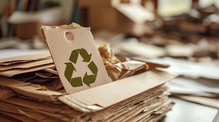 A pile of assorted paper and cardboard materials marked with the universal recycling symbol, set against a neutral background to promote environmental conservation and sustainable practices. - obrazy, fototapety, plakaty