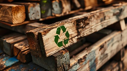 Stack of wooden planks or pallets, each prominently featuring a green recycle symbol, indicating an eco-friendly approach to materials.