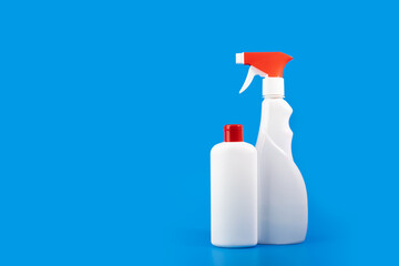 Liquid detergent, hygiene service tool, window and toilet cleaner, blue background