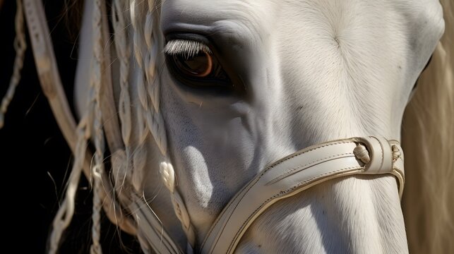 Close up image of the eye, and head of beautiful white race horse with saddle. Closeup white equine portrait with white hair and braid looking at camera.
