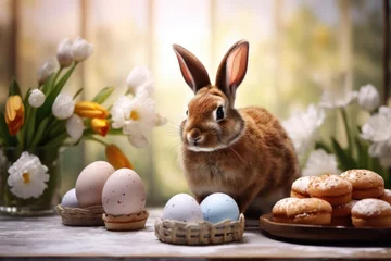 Fotobehang Easter card with bunny colored eggs and buns on the table. © Катерина Решетникова
