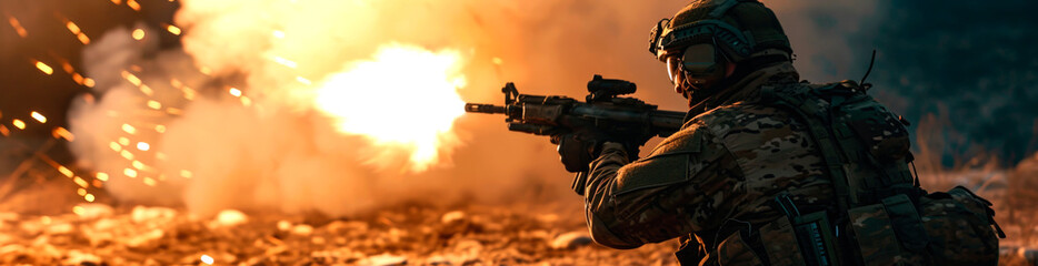 Military soldier dressed in uniform with rifle against flame. AI generated.