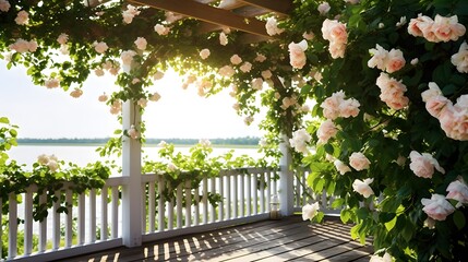 Flowers decoration on wooden pergola roof. Landscape home design background. Ivy plant on the white wooden slatted roof. - obrazy, fototapety, plakaty