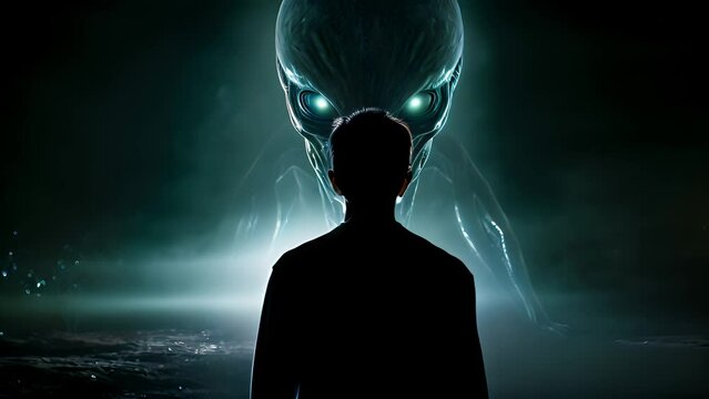 A man standing in front of an alien head. Generative ai