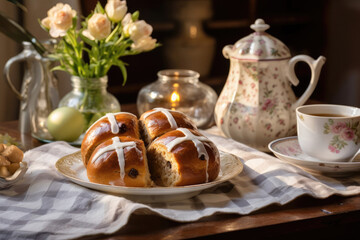 Easter breakfast with hot cross buns on the table with a mug of tea.