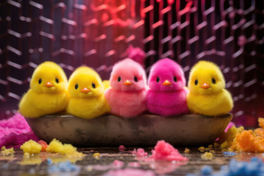 Cute Easter card with colorful chicks on the table.