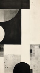 A black and white painting with circles and squares