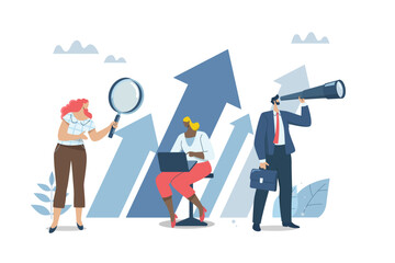 Discovering new business opportunities and investments, Vision and goal setting, Profit analysis and strategic plan creation, Business team analyzing and future corporate goals. Vector illustration.