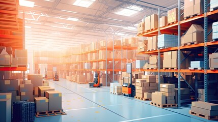 A warehouse with goods being organized and shipped, representing the efficient flow of products within the logistics system - obrazy, fototapety, plakaty