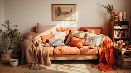 Visualize a person arranging throw pillows and blankets on a sofa, showcasing how small details can enhance interior aesthetics