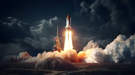 Foto op Canvas New space shuttle rocket with smoke and blastoff successfully takes off into the starry sky. Spaceship liftoff into deep dark space. concept. Travel to cosmos © Ziyan Yang