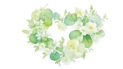 Green Watercolor Flowers in Shape of Heart on White Background