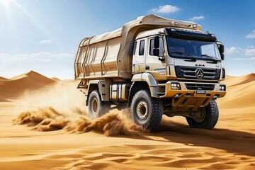 Fototapeta premium Big Truck in the Desert. A Truck Passes Through the Desert.