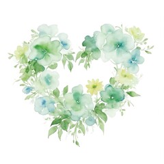 Fototapeta premium Green Watercolor Flowers in Shape of Heart on White Background