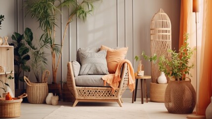 Stylish and design composition of living room with gray sofa, rattan armchair, cube, plaid, pillows, tropical plants, macrame and elegant accessories. Stylish home decor. Bright interior. Template.