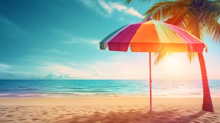 Fototapeta na wymiar Summer beach background. Striped umbrella and coconut palm tree with seascape and island on beautiful tropical colorful gradient sky on sunny day.