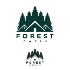 Logo design template for cabin house rental with forest mountain. home cabin logo construction. house mountain logo template Vector illustration