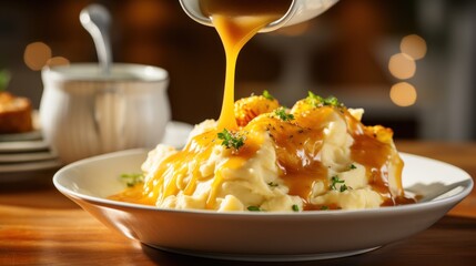  a plate of mashed potatoes and gravy being drizzled with a gravy sauce. - obrazy, fototapety, plakaty