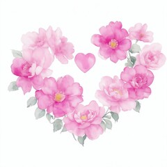 Pink Watercolor Flowers in Shape of Heart on White Background