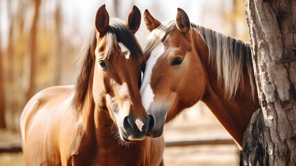 Two brown horses embracing with their heads with love in friendship. A cute happy couple horse in the outdoor sand paddock with tree background in the farm. - obrazy, fototapety, plakaty