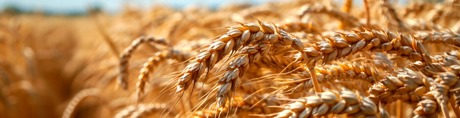 Close up of wheat ears, field of wheat in a summer day. Harvesting period. AI generated.