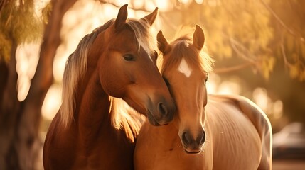 Two brown horses embracing with their heads with love in friendship. A cute happy couple horse in the outdoor sand paddock with tree background in the farm.