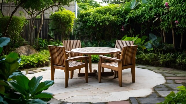 Wood table set in the garden. White empty round table around with empty wooden armchairs seat and wood bench chair on the gravel ground near the green leaves and bush decoration in the outdoor garden.