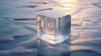 Foto op Aluminium  a block of ice sitting on top of ice floes on top of a frozen lake with the sun in the background. © Anna
