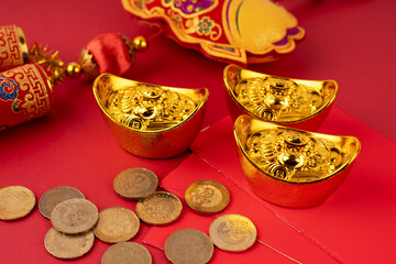 Red envelope, gold ingot and coins, Lunar New Year Concept