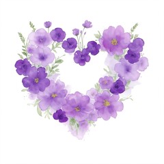 Purple Watercolor Flowers in Shape of Heart on White Background
