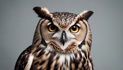 Portrait of an owl on a gray background, close-up