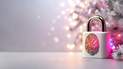 Secure Holiday Ornament: Christmas gift box adorned with rings, featuring a festive padlock for added decoration and symbolizing safety and protection during the winter celebration - obrazy, fototapety, plakaty